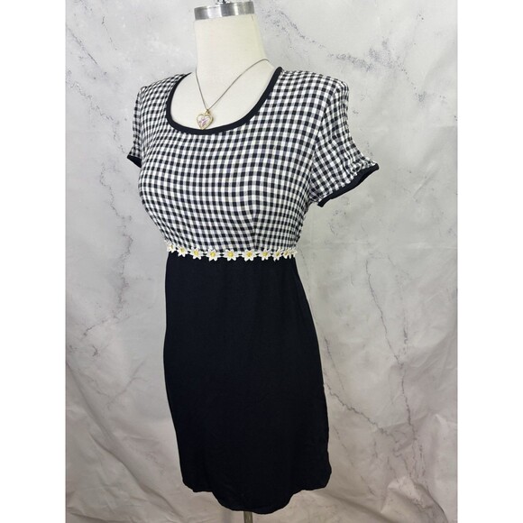 Vtg 90s ALL THAT JAZZ Gingham Babydoll Dress 9 M Black White Sunflower Grunge - Picture 10 of 14